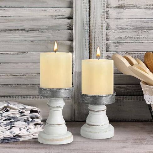 Distressed Wood & Metal Candle Holder, Set of 2 Modern Farmhouse Candlestick Holder, Farmhouse Table Decor, Rustic Decor for Mantel, Dining Table, Coffee Bar Centerpiece in Kuwait