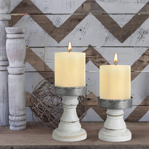 Distressed Wood & Metal Candle Holder, Set of 2 Modern Farmhouse Candlestick Holder, Farmhouse Table Decor, Rustic Decor for Mantel, Dining Table, Coffee Bar Centerpiece in Kuwait