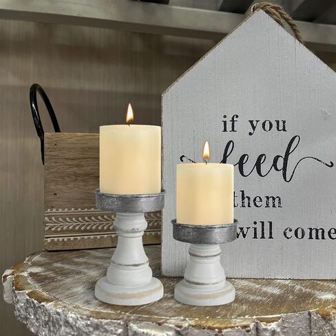 Distressed Wood & Metal Candle Holder, Set of 2 Modern Farmhouse Candlestick Holder, Farmhouse Table Decor, Rustic Decor for Mantel, Dining Table, Coffee Bar Centerpiece in Kuwait