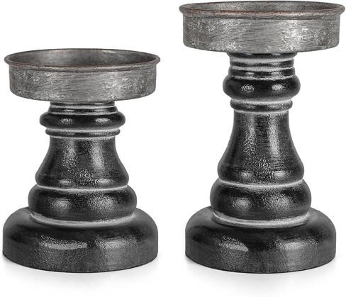 Distressed Wood & Metal Candle Holder, Set of 2 Modern Farmhouse Candlestick Holder, Farmhouse Table Decor, Rustic Decor for Mantel, Dining Table, Coffee Bar Centerpiece in Kuwait