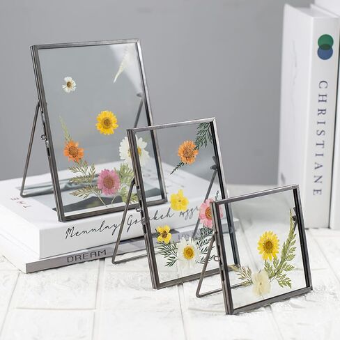 مجموعة Jajamy مكونة من 3 إطارات زهور زجاجية مضغوطة، 4 بوصة × 4 بوصة، 4 بوصة × 6 بوصة، 5 بوصة × 7 بوصة إطارات صور زجاجية عائمة معدنية ذهبية، إطار عمل فني من الزجاج المضغوط على سطح الطاولة لديكور المنزل لعرض الصور in Kuwait