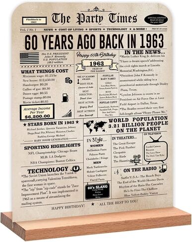 QiFyLeo Vintage 60th Birthday Gifts for Him Her, Two-sided Back in 1963 Poster Acrylic Sign with Stand, Retro 1963 Newspaper Poster, 60 Year Old Bday Party Decoration in Saudi Arabia
