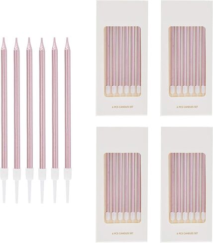 24 Count Metallic Birthday Candles Slow Burning Happy Birthday Cake Candles Long Thin Cake Cupcake Candle in Holders for Lucky Party, Wedding Party, Birthday Party Congregation (Pink) in Kuwait