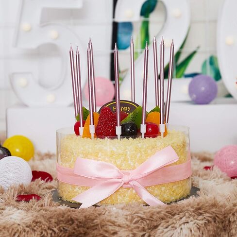 24 Count Metallic Birthday Candles Slow Burning Happy Birthday Cake Candles Long Thin Cake Cupcake Candle in Holders for Lucky Party, Wedding Party, Birthday Party Congregation (Pink) in Kuwait