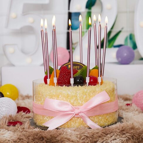 24 Count Metallic Birthday Candles Slow Burning Happy Birthday Cake Candles Long Thin Cake Cupcake Candle in Holders for Lucky Party, Wedding Party, Birthday Party Congregation (Pink) in Kuwait