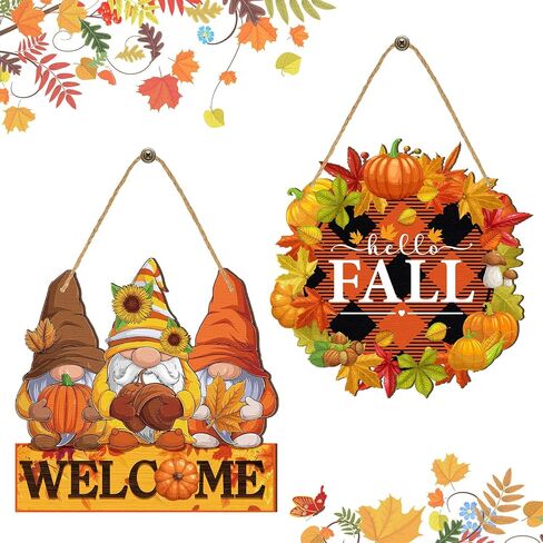 Thyle 2 Pcs Fall Welcome Door Sign 13.78 x 13.4 Inch Pumpkin Gnome Wooden Door Sign Autumn Thanksgiving Door Hanger Farmhouse Hanging Front Door Decor Fall Wreath for Porch Home Outdoor Harvest in Kuwait