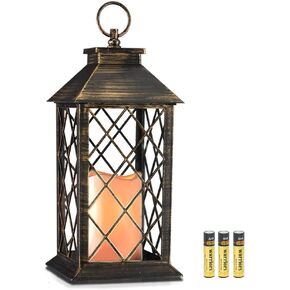 14" Golden Brushed Vintage Decorative Candle Lantern with 4 Hours Timer (Batteries Included) Hanging for Indoor&Outdoor Flameless Candles Single in Saudi Arabia