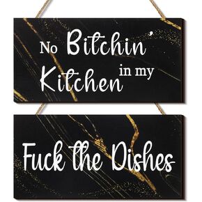 Jetec 2 Pieces Funny Kitchen Signs the Dishes Hanging Wall Art Sign No Bitchin in My Kitchen Rustic Wooden Wall Signs Decorative Wood Sign Home Kitchen Decor, 10 x 5 Inch (Simple)