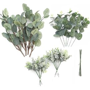 3 أنواع من Floroom من سيقان الأوكالبتوس الفضية الاصطناعية، رذاذ أخضر صناعي، 19 قطعة من أفضل النباتات المزيفة للحشو لباقة الزفاف المركزية in Kuwait