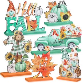 Soaoo 6 Pcs Fall Table Decorations Wooden Thanksgiving Table Signs Hello Fall Gnomes Pumpkin Truck Scarecrow Table Centerpieces for Autumn Harvest Thanksgiving Party Decor Supplies (Classic)