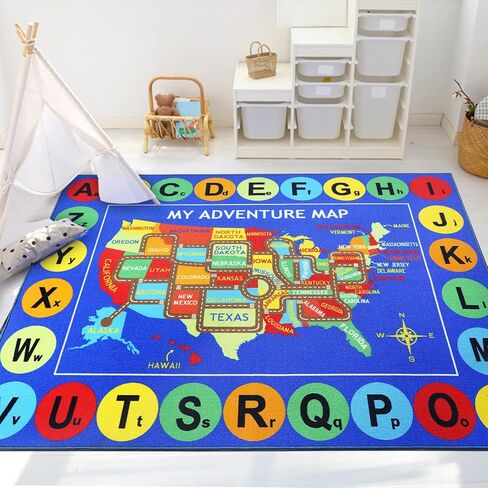 Capslpad Kids Rug USA Map Kids Play Rug 6'6"x 5' Large Size ABC Alphabet Educational Learning Classroom Area Rug Non Skid City Road Car Rug Play Mat for Children Bedroom Playroom Nursery Room in Kuwait