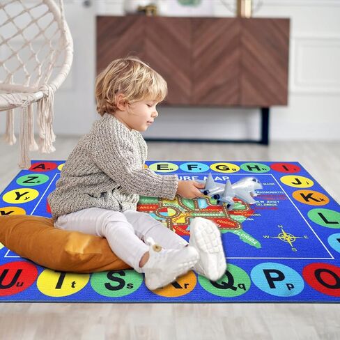 Capslpad Kids Rug USA Map Kids Play Rug 6'6"x 5' Large Size ABC Alphabet Educational Learning Classroom Area Rug Non Skid City Road Car Rug Play Mat for Children Bedroom Playroom Nursery Room in Kuwait