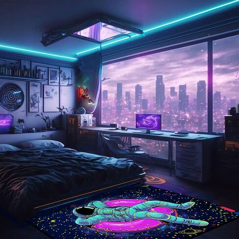 سجادة منطقة رواد الفضاء نيون EISKBC، سجادة كبيرة للأطفال متفاعلة مع ضوء أسود بالأشعة فوق البنفسجية، سجادة أرضية مضيئة فلورسنت غير قابلة للانزلاق، تتوهج في الظلام، غرفة اللعب، غرفة النوم، ديكور المنزل، 59 × 51 بوصة in Kuwait