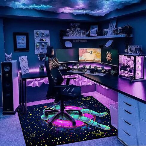 سجادة منطقة رواد الفضاء نيون EISKBC، سجادة كبيرة للأطفال متفاعلة مع ضوء أسود بالأشعة فوق البنفسجية، سجادة أرضية مضيئة فلورسنت غير قابلة للانزلاق، تتوهج في الظلام، غرفة اللعب، غرفة النوم، ديكور المنزل، 59 × 51 بوصة in Kuwait