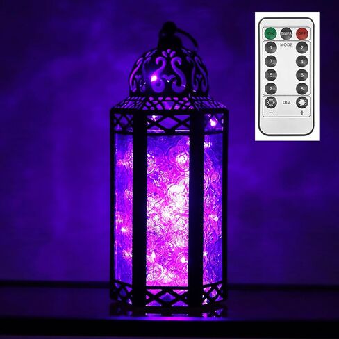 VELA LANTERNS Black Metal Moroccan Decorative LED Fairy Lights Candle Lantern Holders for Hanging or Table, Indoor Home Decor, Halloween, Outdoor Patio or Porch, Weddings, Amber Glass, Large in Saudi Arabia