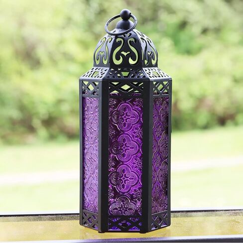 VELA LANTERNS Black Metal Moroccan Decorative LED Fairy Lights Candle Lantern Holders for Hanging or Table, Indoor Home Decor, Halloween, Outdoor Patio or Porch, Weddings, Amber Glass, Large in Saudi Arabia