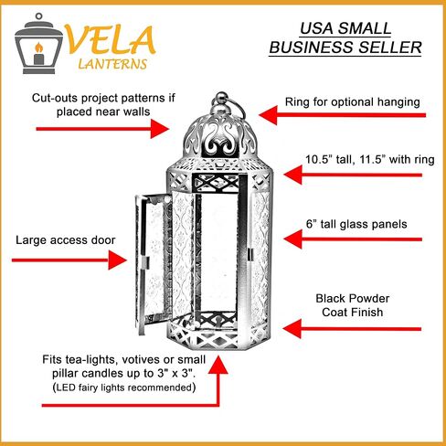 VELA LANTERNS Black Metal Moroccan Decorative LED Fairy Lights Candle Lantern Holders for Hanging or Table, Indoor Home Decor, Halloween, Outdoor Patio or Porch, Weddings, Amber Glass, Large in Saudi Arabia