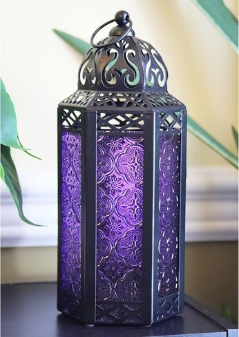 VELA LANTERNS Black Metal Moroccan Decorative LED Fairy Lights Candle Lantern Holders for Hanging or Table, Indoor Home Decor, Halloween, Outdoor Patio or Porch, Weddings, Amber Glass, Large in Saudi Arabia