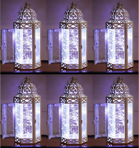VELA LANTERNS Black Metal Moroccan Decorative LED Fairy Lights Candle Lantern Holders for Hanging or Table, Indoor Home Decor, Halloween, Outdoor Patio or Porch, Weddings, Amber Glass, Large in Saudi Arabia