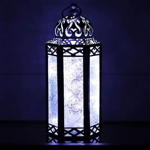 VELA LANTERNS Black Metal Moroccan Decorative LED Fairy Lights Candle Lantern Holders for Hanging or Table, Indoor Home Decor, Halloween, Outdoor Patio or Porch, Weddings, Amber Glass, Large in Saudi Arabia