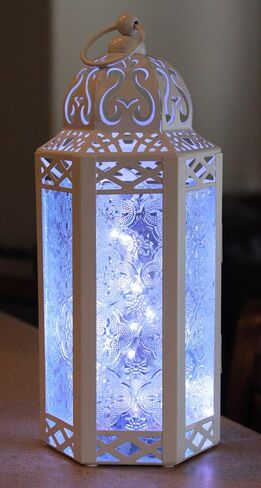 VELA LANTERNS Black Metal Moroccan Decorative LED Fairy Lights Candle Lantern Holders for Hanging or Table, Indoor Home Decor, Halloween, Outdoor Patio or Porch, Weddings, Amber Glass, Large in Saudi Arabia