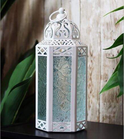 VELA LANTERNS Black Metal Moroccan Decorative LED Fairy Lights Candle Lantern Holders for Hanging or Table, Indoor Home Decor, Halloween, Outdoor Patio or Porch, Weddings, Amber Glass, Large in Saudi Arabia