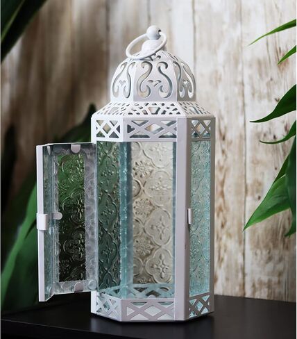 VELA LANTERNS Black Metal Moroccan Decorative LED Fairy Lights Candle Lantern Holders for Hanging or Table, Indoor Home Decor, Halloween, Outdoor Patio or Porch, Weddings, Amber Glass, Large in Saudi Arabia