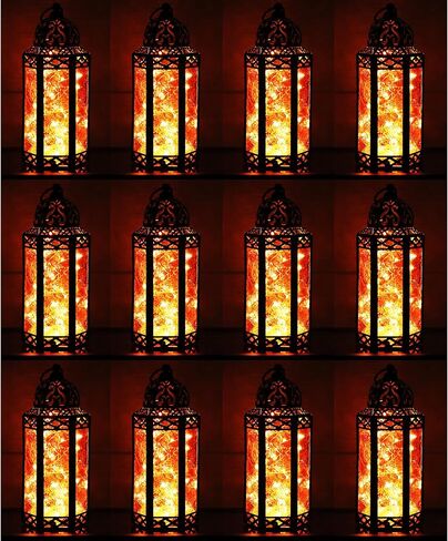 VELA LANTERNS Black Metal Moroccan Decorative LED Fairy Lights Candle Lantern Holders for Hanging or Table, Indoor Home Decor, Halloween, Outdoor Patio or Porch, Weddings, Amber Glass, Large in Saudi Arabia