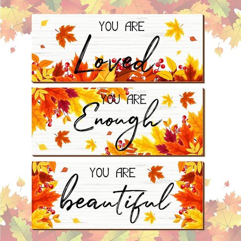 3 Pieces Fall Inspirational Hanging Wall Art Motivative Word Signs Thanksgiving Door Decor for Home You Are Enough Wooden Wall Art Decor Rustic Wood Plaque Farmhouse Fall Sign for Kitchen Bathroom in Saudi Arabia