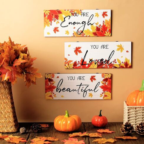 3 Pieces Fall Inspirational Hanging Wall Art Motivative Word Signs Thanksgiving Door Decor for Home You Are Enough Wooden Wall Art Decor Rustic Wood Plaque Farmhouse Fall Sign for Kitchen Bathroom in Saudi Arabia
