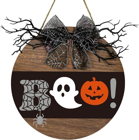 Whaline Halloween Wooden Hanging Sign Spooky Boo Welcome Sign with Bow Vintage Halloween Door Hanger Sign for Farmhouse Home Window Outdoor Wall Party Decoration Supplies in Saudi Arabia
