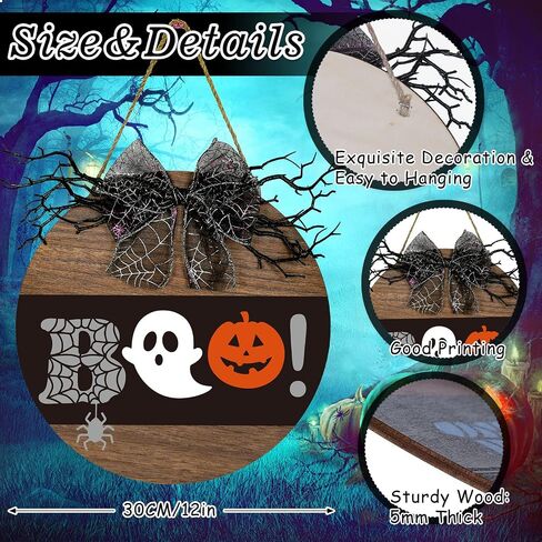 Whaline Halloween Wooden Hanging Sign Spooky Boo Welcome Sign with Bow Vintage Halloween Door Hanger Sign for Farmhouse Home Window Outdoor Wall Party Decoration Supplies in Saudi Arabia