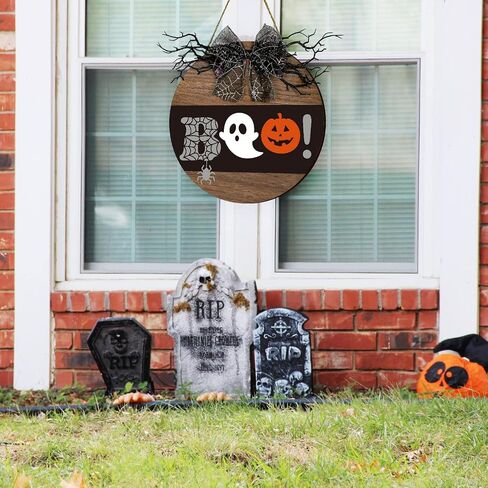Whaline Halloween Wooden Hanging Sign Spooky Boo Welcome Sign with Bow Vintage Halloween Door Hanger Sign for Farmhouse Home Window Outdoor Wall Party Decoration Supplies in Saudi Arabia