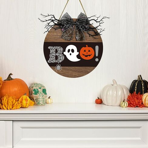 Whaline Halloween Wooden Hanging Sign Spooky Boo Welcome Sign with Bow Vintage Halloween Door Hanger Sign for Farmhouse Home Window Outdoor Wall Party Decoration Supplies in Saudi Arabia