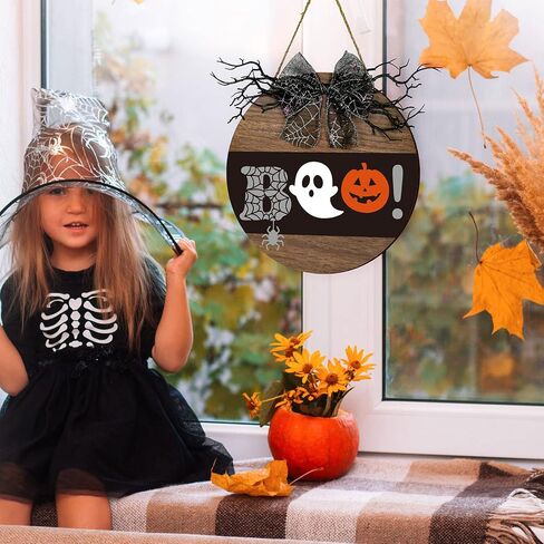 Whaline Halloween Wooden Hanging Sign Spooky Boo Welcome Sign with Bow Vintage Halloween Door Hanger Sign for Farmhouse Home Window Outdoor Wall Party Decoration Supplies in Saudi Arabia