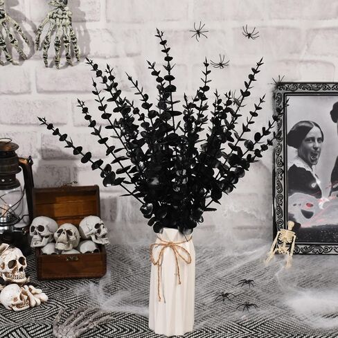 30 قطعة من سيقان الاوكالبتوس السوداء الاصطناعية، زهور صناعية سوداء للحفلات القوطية، زهور سوداء صناعية للديكور، باقة زهور صناعية لتزيين الطاولة بنفسك in Kuwait
