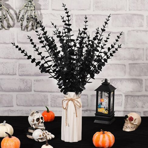 30 قطعة من سيقان الاوكالبتوس السوداء الاصطناعية، زهور صناعية سوداء للحفلات القوطية، زهور سوداء صناعية للديكور، باقة زهور صناعية لتزيين الطاولة بنفسك in Kuwait