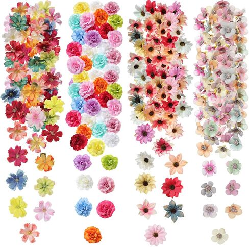 217 Pieces Flower Mini Silk Heads Fake Rose Daisy Faux Flowers for Crafts Rose Flowers Plum Blossom Heads Sunflower Daisy Wedding Decoration for Halloween Home Wedding, 2-4 cm (Assorted Colors) in Saudi Arabia