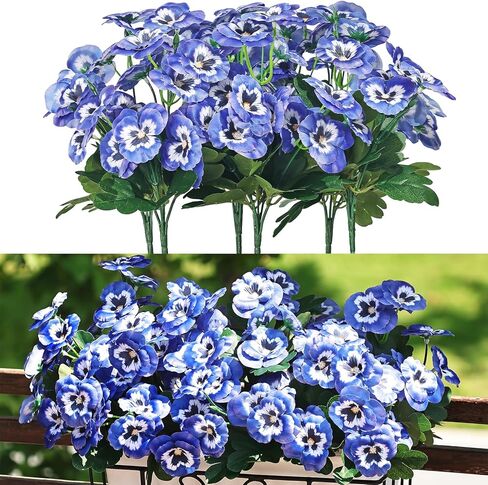 QIANYUN 8 حزم من الزهور الاصطناعية في الهواء الطلق مقاومة للأشعة فوق البنفسجية زهور البانسي الصناعية البلاستيكية الصناعية بكميات كبيرة نباتات خارجية وهمية (12، أبيض/أرجواني/أزرق/أصفر) in Kuwait