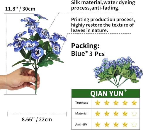 QIANYUN 8 حزم من الزهور الاصطناعية في الهواء الطلق مقاومة للأشعة فوق البنفسجية زهور البانسي الصناعية البلاستيكية الصناعية بكميات كبيرة نباتات خارجية وهمية (12، أبيض/أرجواني/أزرق/أصفر) in Kuwait