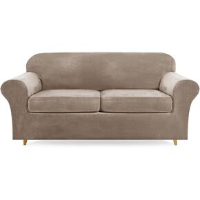Lamberia High Stretch Sofa Cover for 2 Cushion Couch Loveseat Cover 3 Pieces Thick &Washable Plush Velvet Sofa Slipcover Couch Cover Furniture Protector for Dogs,Pets&Kids (Chocolate, Loveseat-L)
