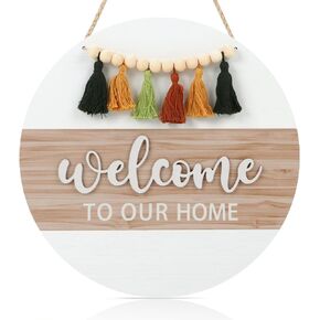 3D Welcome to Our Home Front Door Wood Sign, Boho Farmhouse Wall Porch Hanging with White Bead Tassels, Bohemian Welcome To Our Home Sign Plaque for Entryway in Saudi Arabia