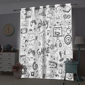 Cinbloo Kids Video Games Blackout Curtains 29W x 63L Inch Black White Gaming Curtains Teen Boys Bedroom Decor Gamer Theme 90's Cool Art Printed Living Room Playroom Window Drapes 2 Panels in Saudi Arabia
