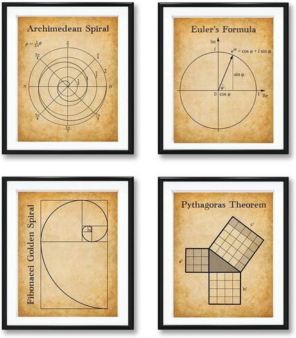 Math Art Prints-Archimedean Spiral, Euler's Formula, Fibonacci Golden Spiral, Pythagoras Theorem-Set of Four Gallery Wall 8x10 Unframed - Gift & Decor For Teachers, Classroom & Math Students Under $20 in Saudi Arabia