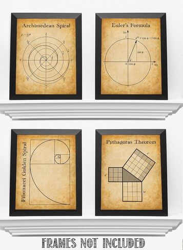 Math Art Prints-Archimedean Spiral, Euler's Formula, Fibonacci Golden Spiral, Pythagoras Theorem-Set of Four Gallery Wall 8x10 Unframed - Gift & Decor For Teachers, Classroom & Math Students Under $20 in Saudi Arabia