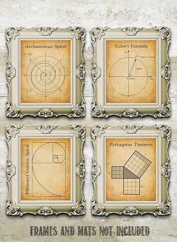 Math Art Prints-Archimedean Spiral, Euler's Formula, Fibonacci Golden Spiral, Pythagoras Theorem-Set of Four Gallery Wall 8x10 Unframed - Gift & Decor For Teachers, Classroom & Math Students Under $20 in Saudi Arabia