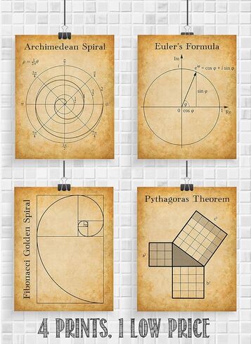 Math Art Prints-Archimedean Spiral, Euler's Formula, Fibonacci Golden Spiral, Pythagoras Theorem-Set of Four Gallery Wall 8x10 Unframed - Gift & Decor For Teachers, Classroom & Math Students Under $20 in Saudi Arabia