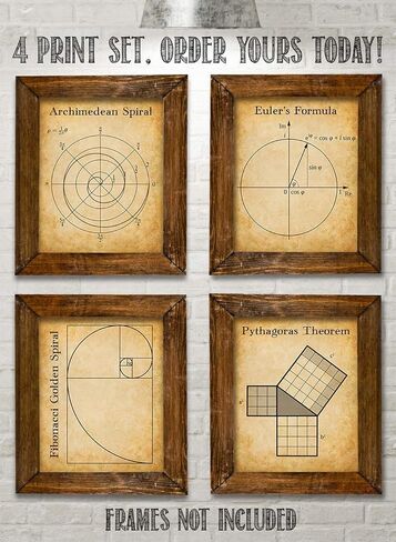 Math Art Prints-Archimedean Spiral, Euler's Formula, Fibonacci Golden Spiral, Pythagoras Theorem-Set of Four Gallery Wall 8x10 Unframed - Gift & Decor For Teachers, Classroom & Math Students Under $20 in Saudi Arabia
