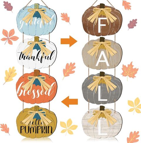 Sintuff Thanksgiving Fall Sign Pumpkin Decor Double Wooden Pumpkin Fall Sign Blessed Grateful Thankful Hanging Wall for Front Door Porch with Bow Fall Leaf for Farmhouse Autumn Harvest Outdoor Indoor in Saudi Arabia