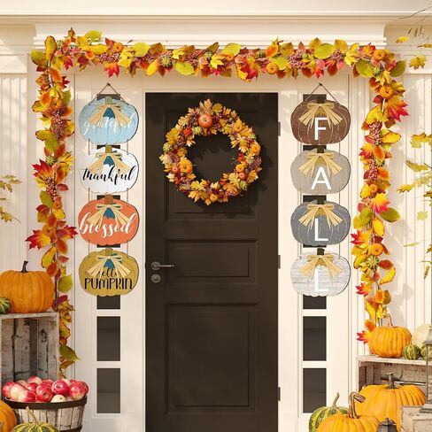 Sintuff Thanksgiving Fall Sign Pumpkin Decor Double Wooden Pumpkin Fall Sign Blessed Grateful Thankful Hanging Wall for Front Door Porch with Bow Fall Leaf for Farmhouse Autumn Harvest Outdoor Indoor in Saudi Arabia